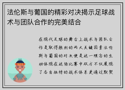 法伦斯与葡国的精彩对决揭示足球战术与团队合作的完美结合