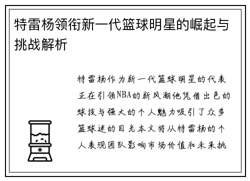 特雷杨领衔新一代篮球明星的崛起与挑战解析
